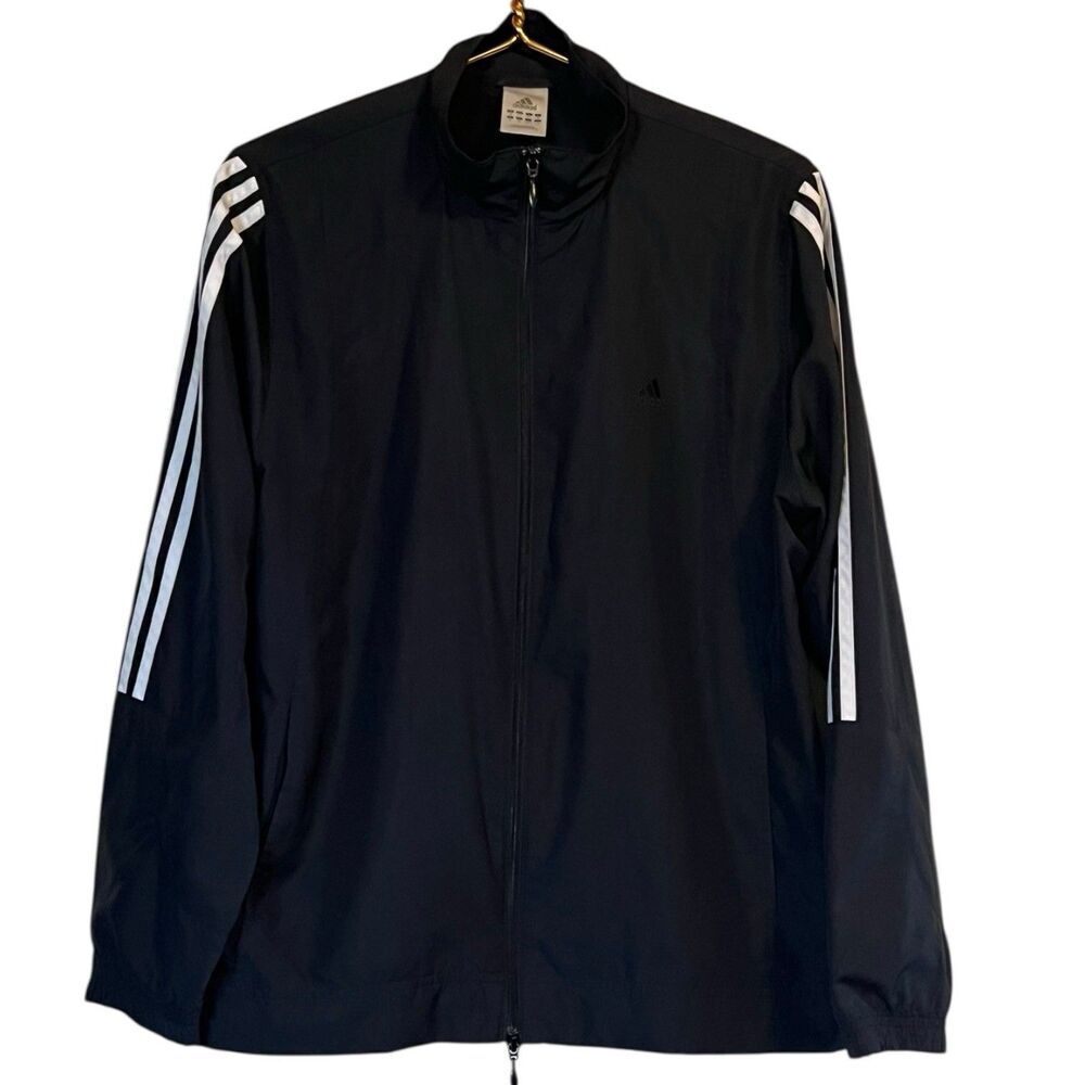 Adidas Track Jacket Mens Large Black 3 Stripe Y2K Streetwear Pullover Jacket